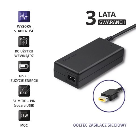 Qoltec Zasilacz do Lenovo 45W | 20V | 2.25A | Slim tip+pin | +kabel zasilający Qoltec Zasilacz do Lenovo 45W | 20V | 2.25A | Slim tip+pin | +kabel zasilający